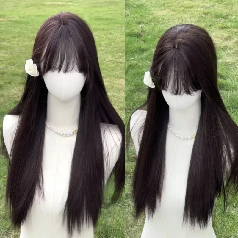 خمر الطفل شعر مستعار بني مع الانفجارات طويل مستقيم الباروكات للنساء ارتفاع درجة الحرارة الألياف شعر مستعار اصطناعي عقال شعر مستعار للاستخدام اليومي