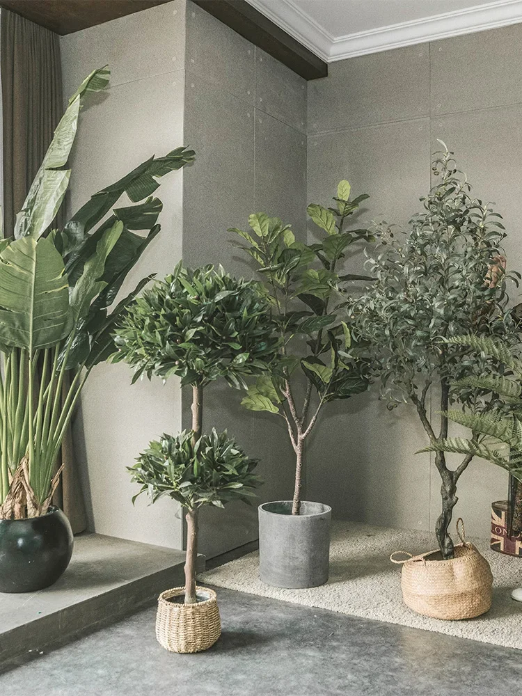 

Simulated green plants, high-end and luxurious indoor floor to ceiling banyan tree, potted living room, olive tree decoration,