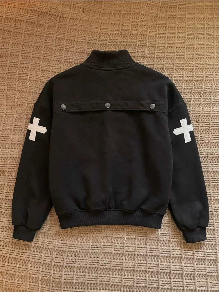 Y2K Dark Streetwear Women Stand Collar Jacket Zip Up Cross Patch Gothic Double Button Decor Black Casual Outwear Coat 2026