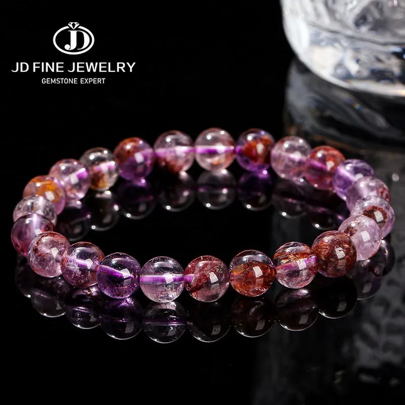 

JD Natural Purple Ghost Quartz Reiki Healing Bracelet Women Fashion Energy Crystal Round Bead Stretch Bangles Couple Jewelry