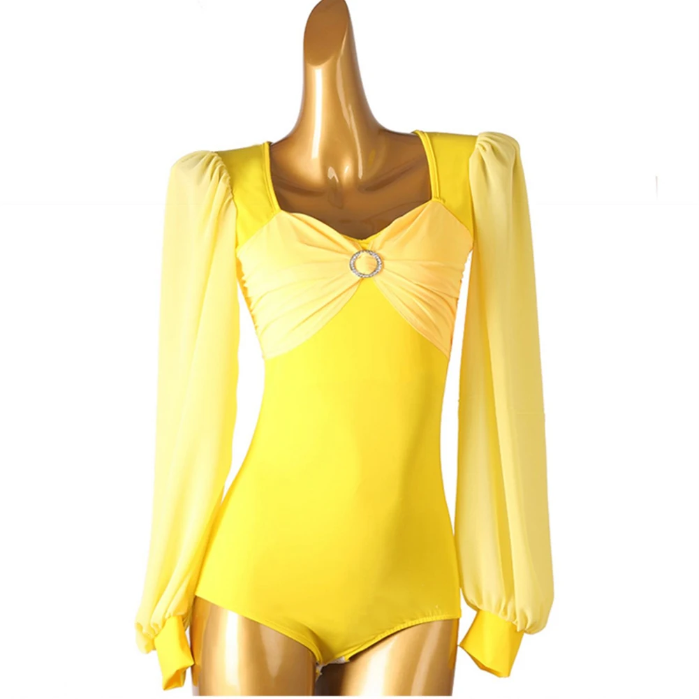 ملابس الرقص النسائية قميص ملابس الرقص اللاتينية المرأة ساحة الرقبة الجسم أعلى كم طويل أصفر سامبا جديد التانغو وصول جديد