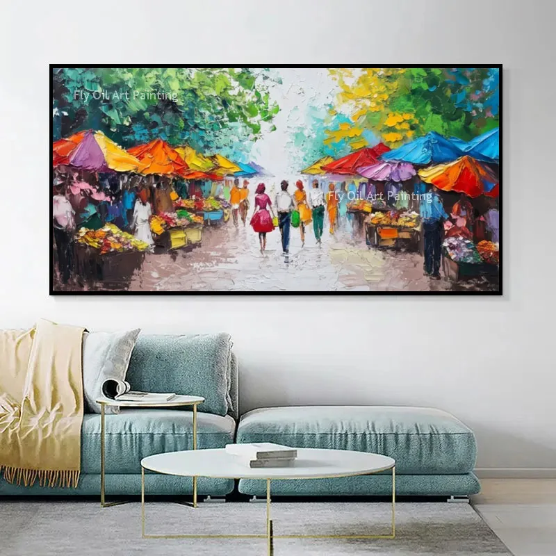 100% Handmade Textured Village Market Oil Art, Original Vibrant Street Scene Canvas Wall Decor for Home