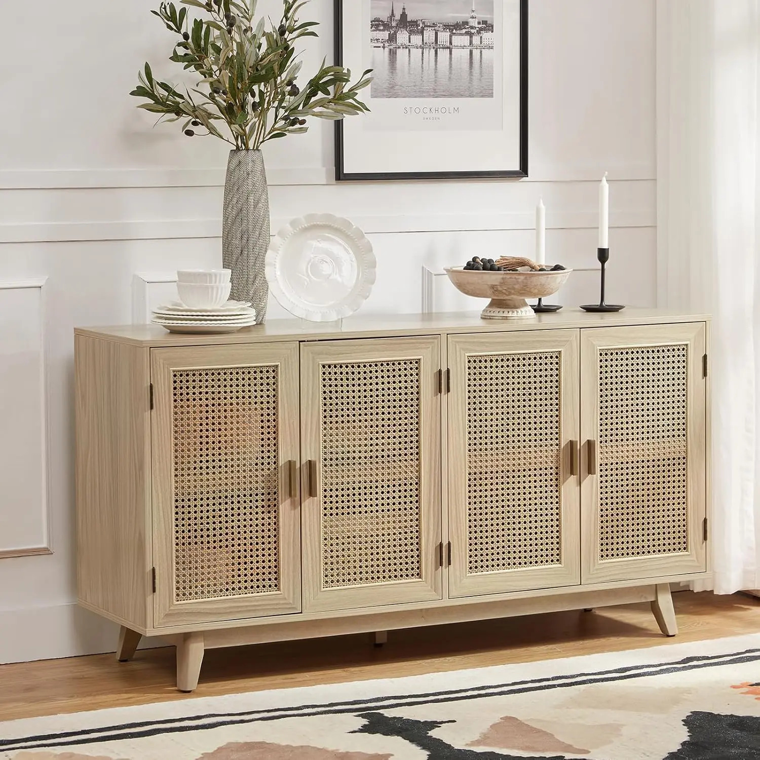 HOME Rattan Sideboard Buffet Cabinet, Kitchen Storage Cabinet with 4 Doors Boho Cupboard Console Table, Natural