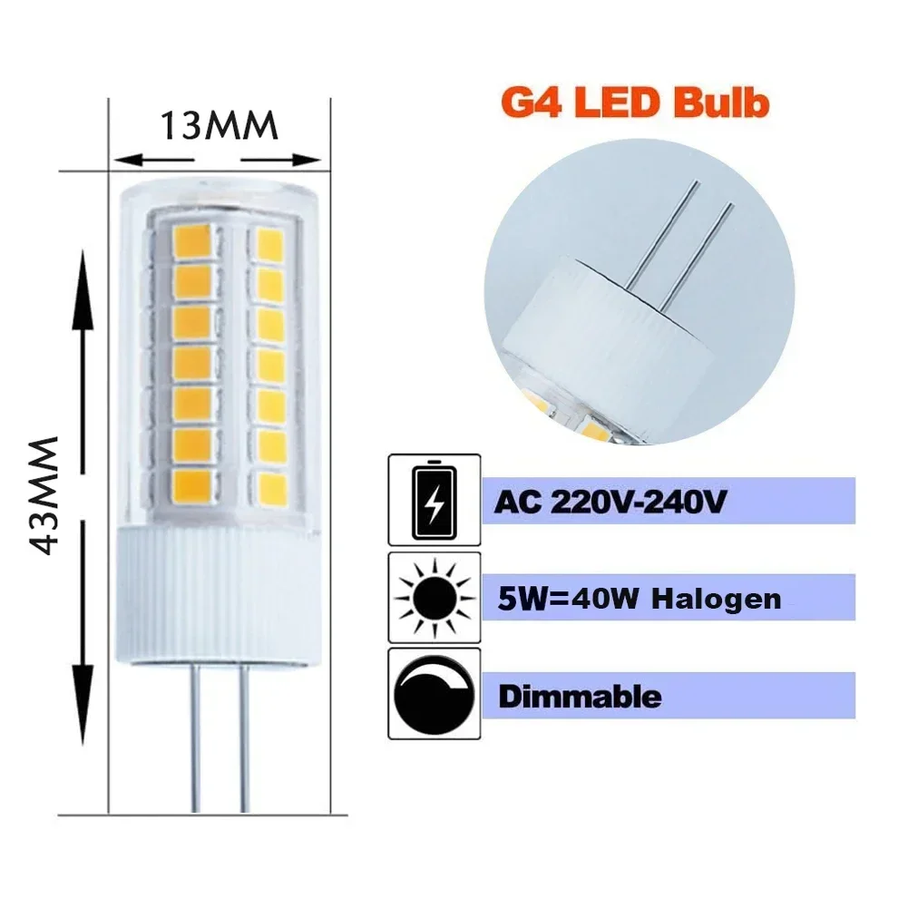 10pcs 220V G4 LED Corn Lamp Dimmable 5W Ceramics PC 360 Degrees Crystal Chandelier Light Bulb Replace 40w Halogen Lamp For Home