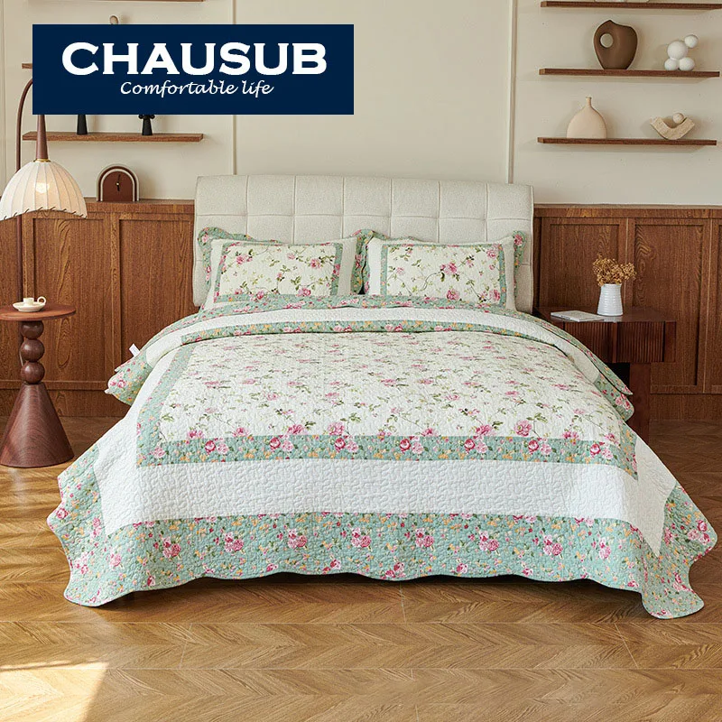 100% Cotton Quilt Set of 3 Pieces, Farmhouse Floral Patchwork Bedspread, All Season Lightweight Machine Washable Comforter
