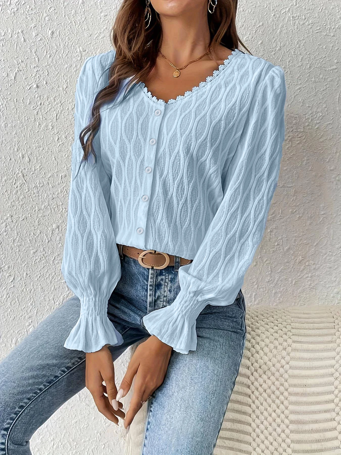 

Women's Blouse Light Blue Round Neck Spring Summer Lace Trim Puff Sleeve Flared Cuffs Elegant Daily Casual Dating Top