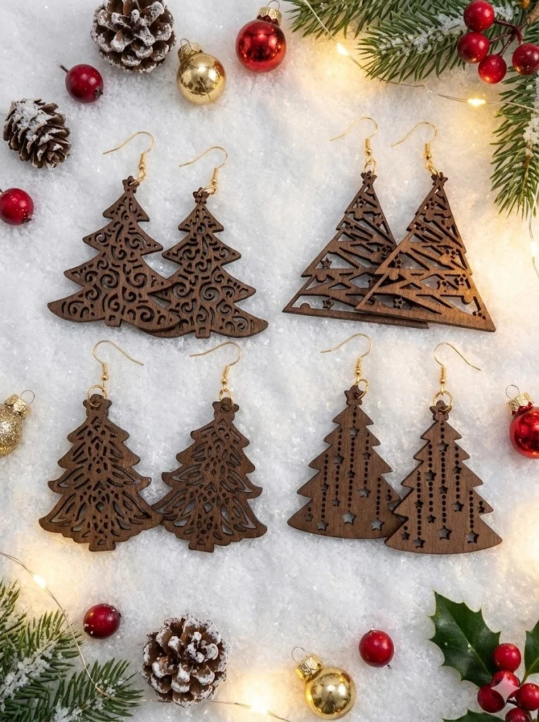 4-teiliges Damen-Ohrhänger-Set aus Holz, Weihnachtsbaumform mit hohlen Stern- und geometrischen filigranen Mustern, leichtes braunes Holz, pastorale Vintage-Feiertagsfeierkleidung, Weihnachts- und