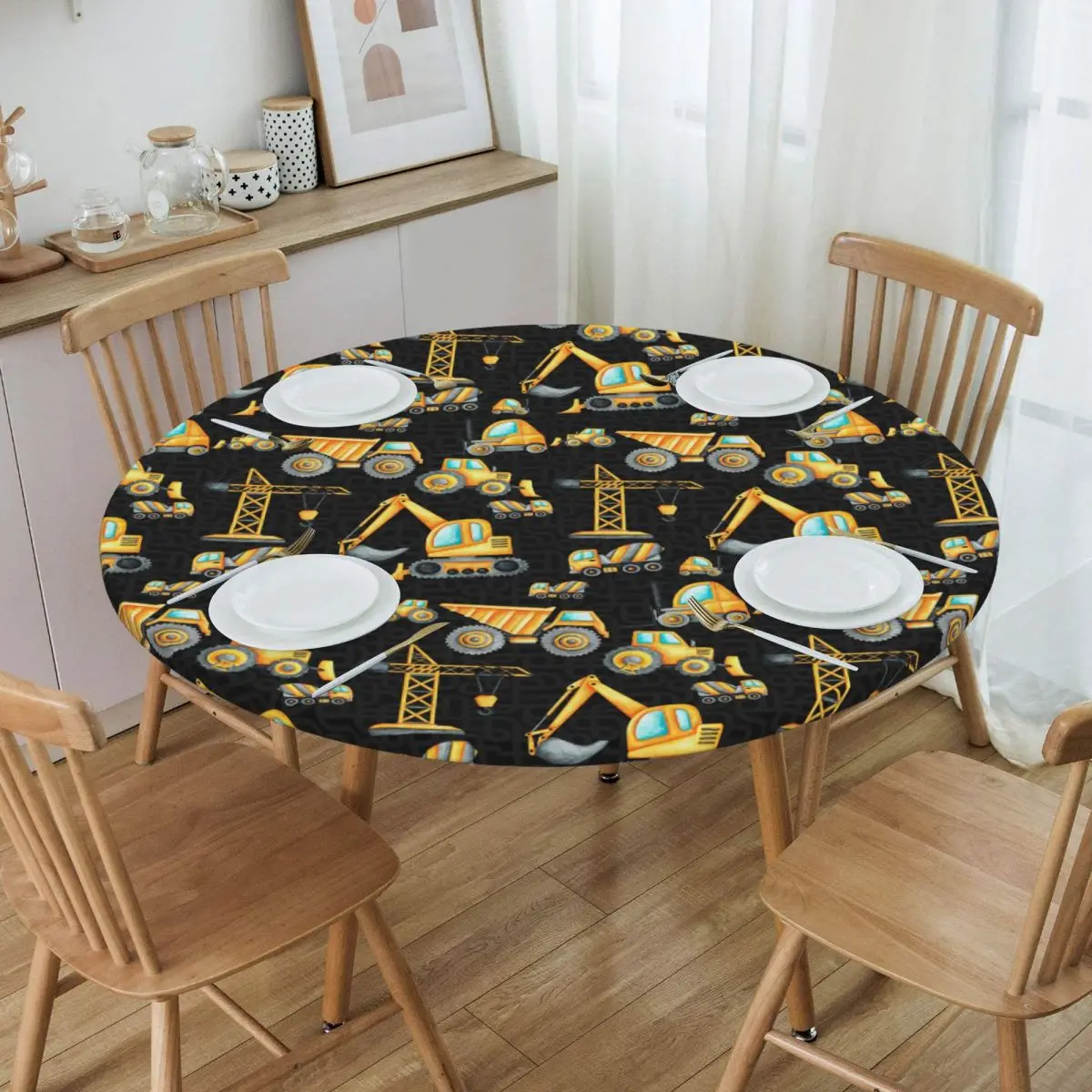 Yellow Construction Trucks Pattern Waterproof Round Tablecloth Oilproof Table Cloth for Kitchen Events Dining Table Cover