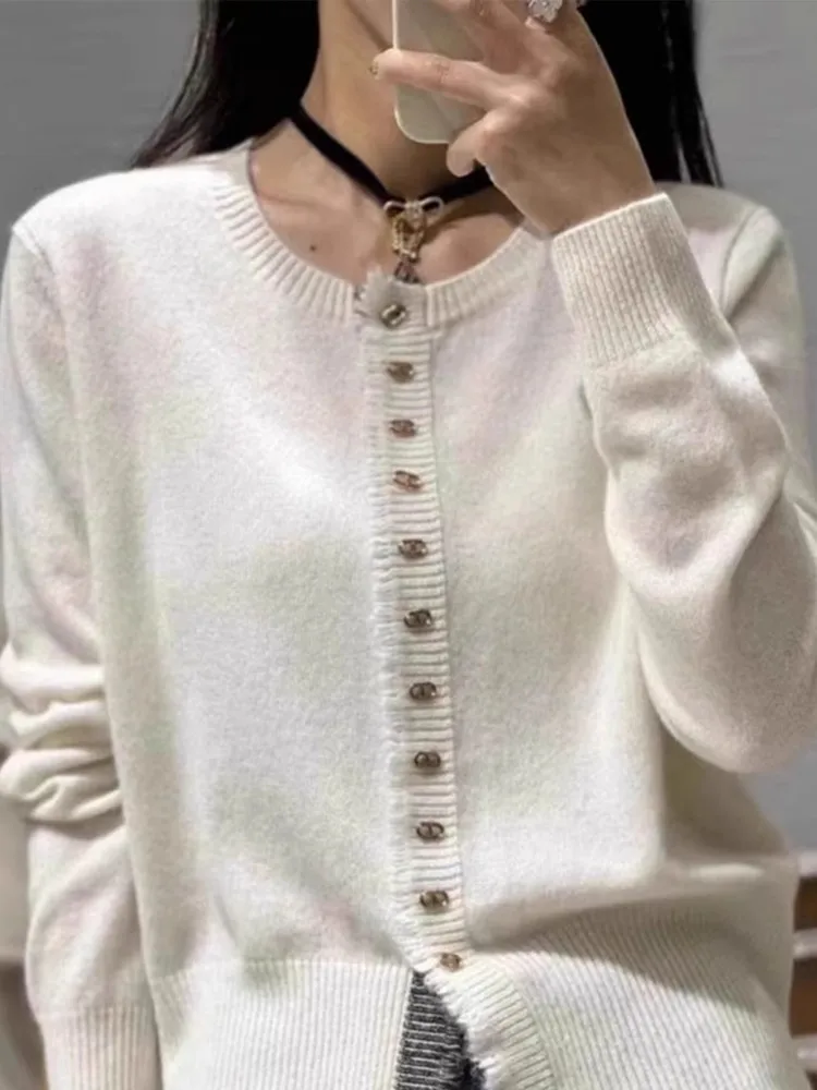 2024 Spring/Autumn New 100% Pure Wool Cardigan Sweater Women\'s Round Neck Cardigan Fashion Knitted Tassel Cardigan Coat Thin Top