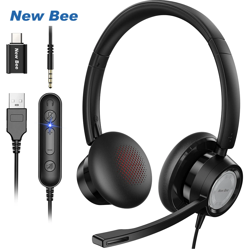 New Bee H362 Wired Headphones USB Headset for PC Call Center Business Rotatable Mic 3.5mm Earphones Mic Mute Noise Cancelling