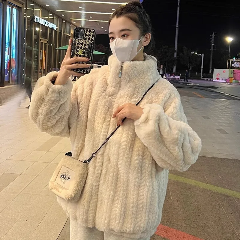 Lamb Wool Coat Women Thick Warm Collar Jacket Imitation Rex Rabbit Fur Casual Protection Fur Plush Fur Outerwear Winter New Tops