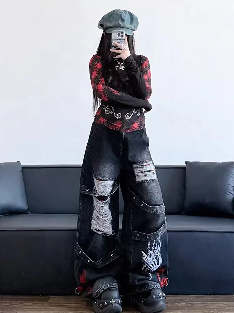 Y2K Red Gothic Hip-Hop spicy girl Hole Vintage Jeans High Street Trend American Baggy Wash Splicing Woman Wide-leg Pants