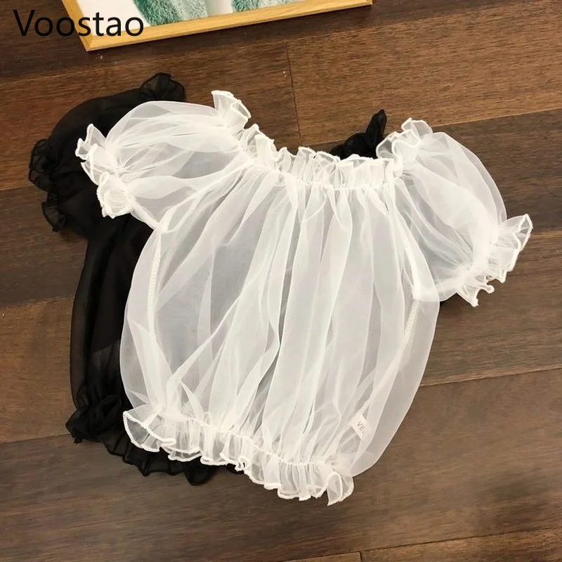 Summer Women Sweet Lolita Style Blouses Kawaii Slash Neck Ruffles Mesh Shirts Female Sexy Cute Short Puff Sleeve Blusas Mujer