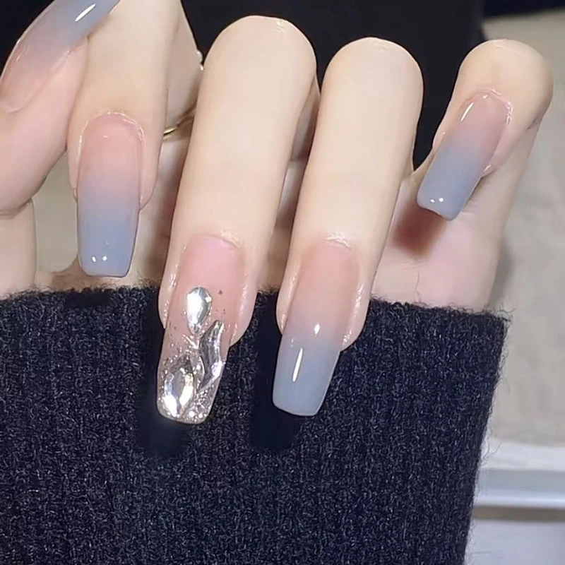 Imprensa Falsa Francesa Artesanal Em Unhas Com Strass, Unhas Postiças Cinzentas, Decoração De Manicuree De Bailarina Cobertura Completa, Unhas Artificiais Vestíveis