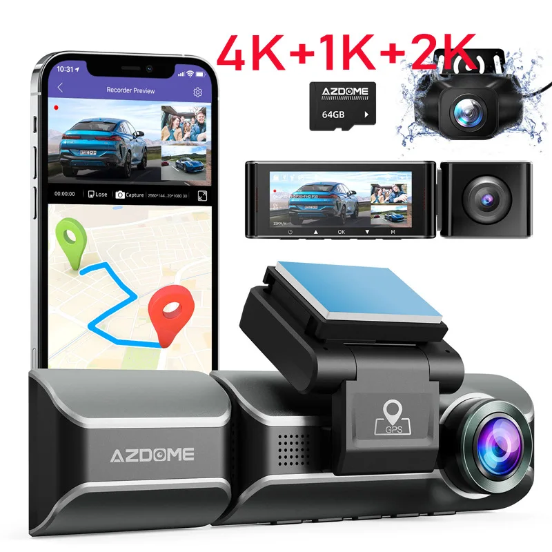 Azdome Three-Lens Driving Recorder 4K/1080P/1440P Built-in WiFi GPS Vehicle Tracker Standard HD Image G-Sensor IPS Screen 12-24V