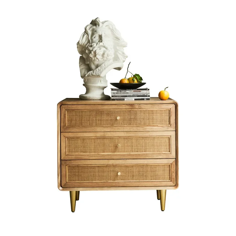 

Nordic solid wood, three-bucket cabinet, simple and modern, multi-functional bedside table, rattan storage