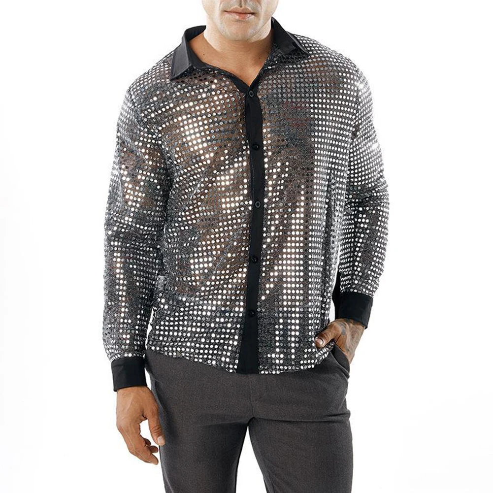 Men Sequined Shirt For Men Daily 1 1 Shirts M-3XL Polyester + Mesh + Sequin Sparkly Silver Spring High Quality