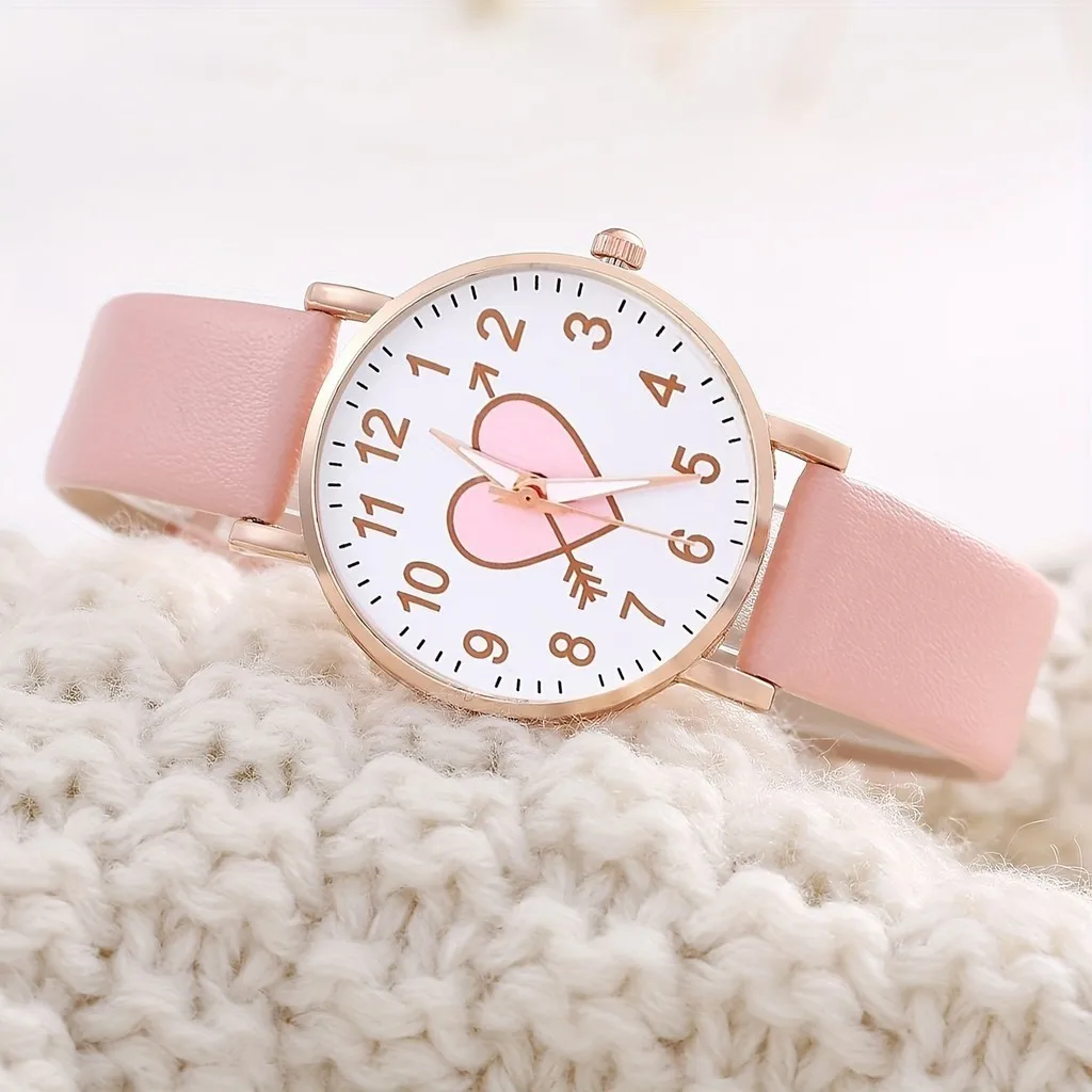 Kegllect-reloj de cuarzo con diseño de corazón rosa para estudiantes, conjunto de pulsera con diseño de flores, 2 piezas