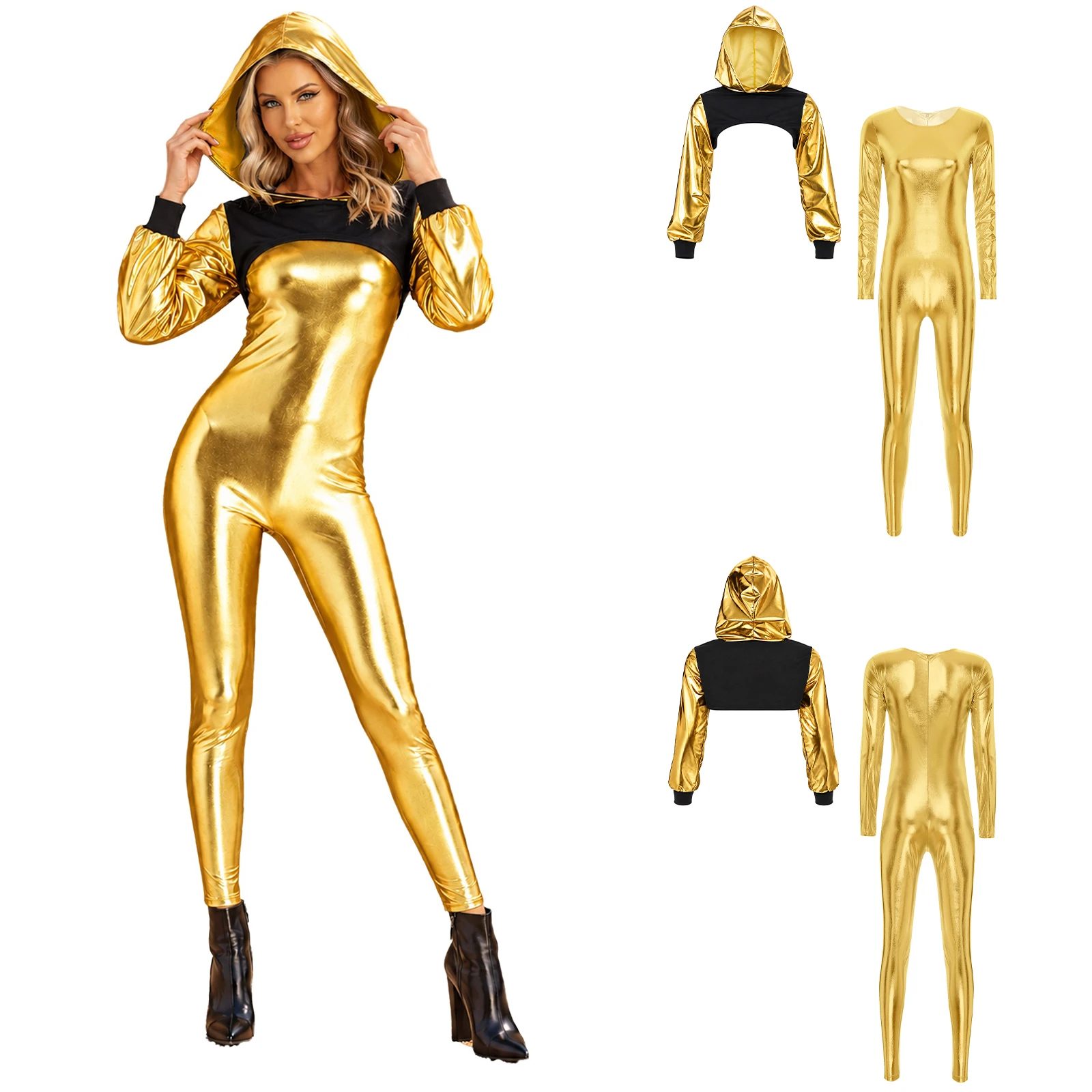 Womens Long Sleeve Slim Fit Full Body Metallic Jumpsuit Romper with Cropped Hoodie for Party Festival Stage Performance Show
