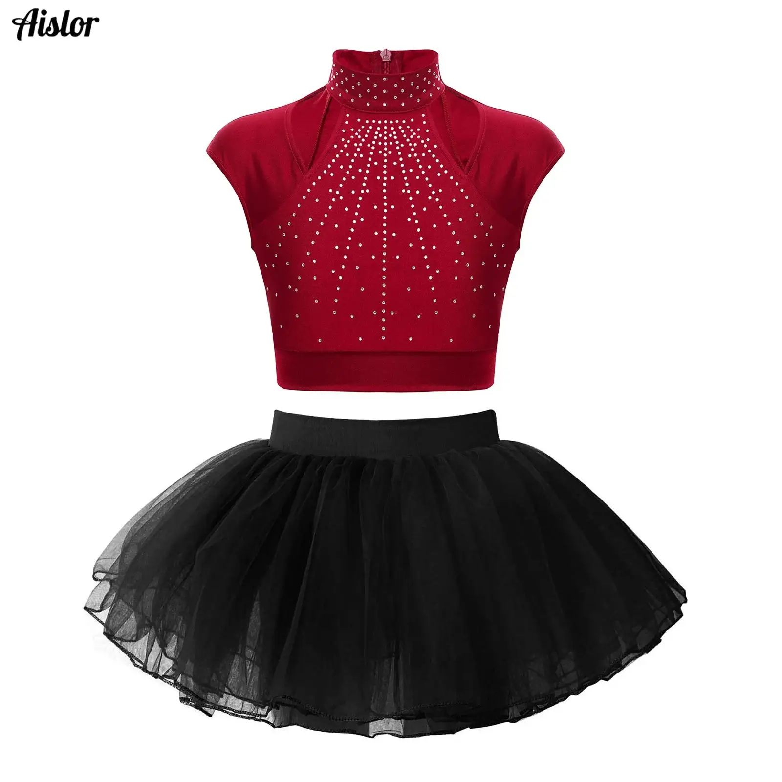 

Kids Girls Dance Performance Outfit for Ballet Lyrical Dance Sleeveless Cutout Shiny Rhinestones Crop Top with Mesh Skirt 2Pcs