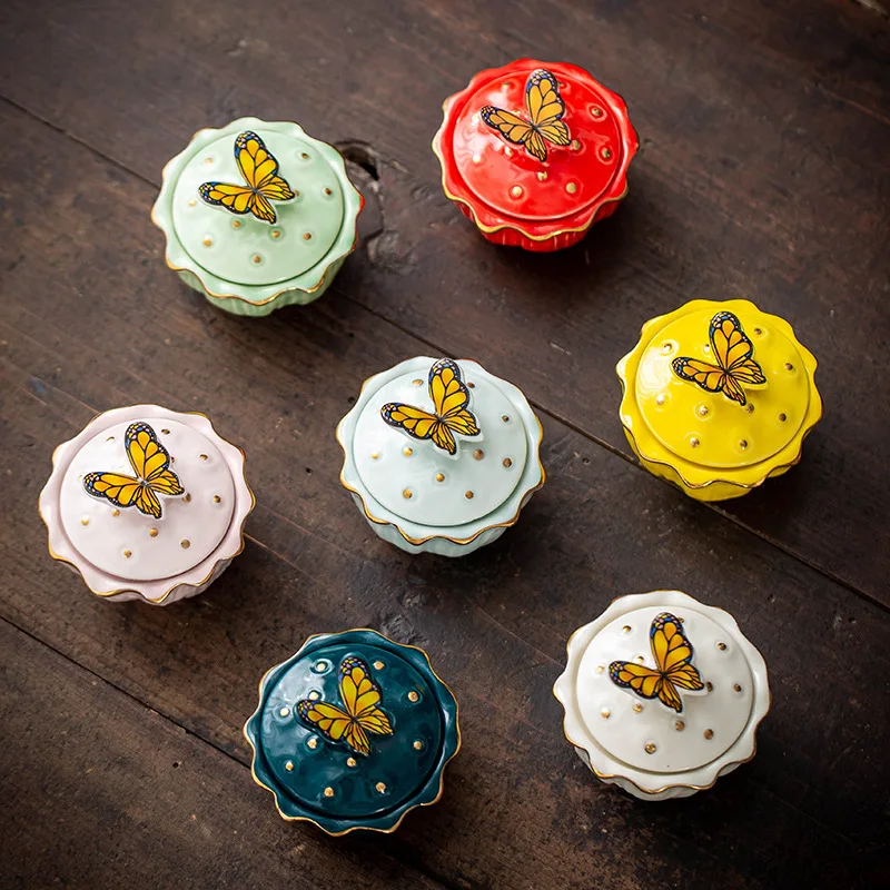 Creative Butterfly Mini Ceramic Sealed Can Tea Storage Box Sugar Container Colorful Ceramic Jars for Jewel Case Home Decoration