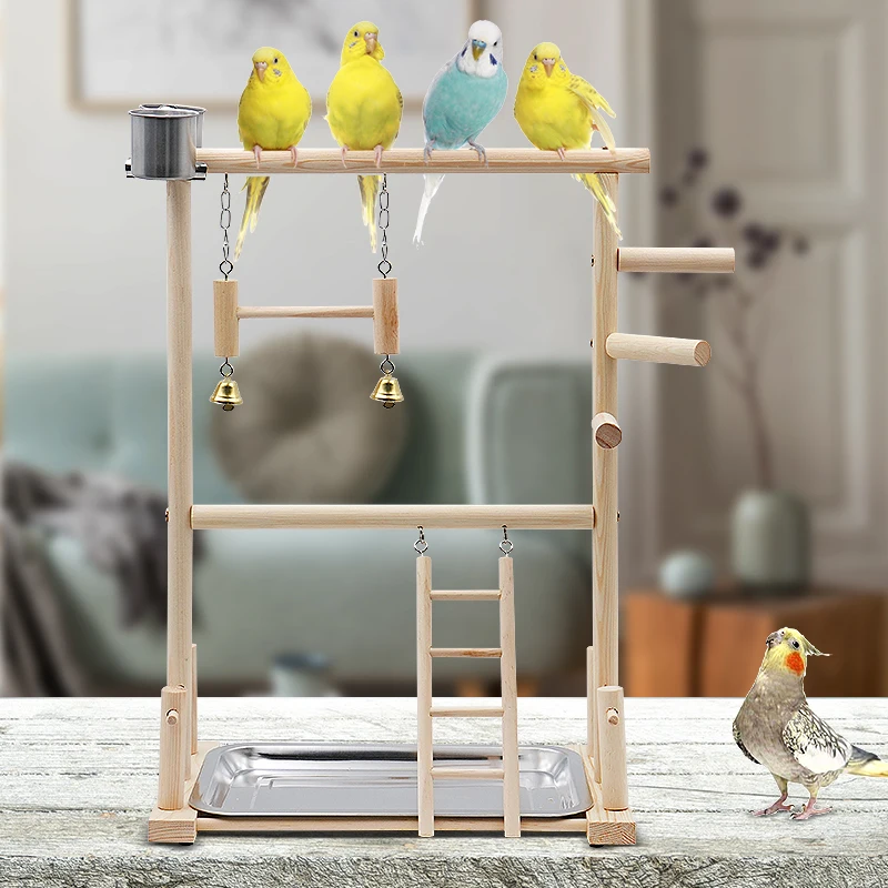 Parrot Playstands With Cup Toys Tray Bird Swing Climbing Hanging Ladder Bridge Wood Cockatiel Playground Bird Perches 53*23*36cm