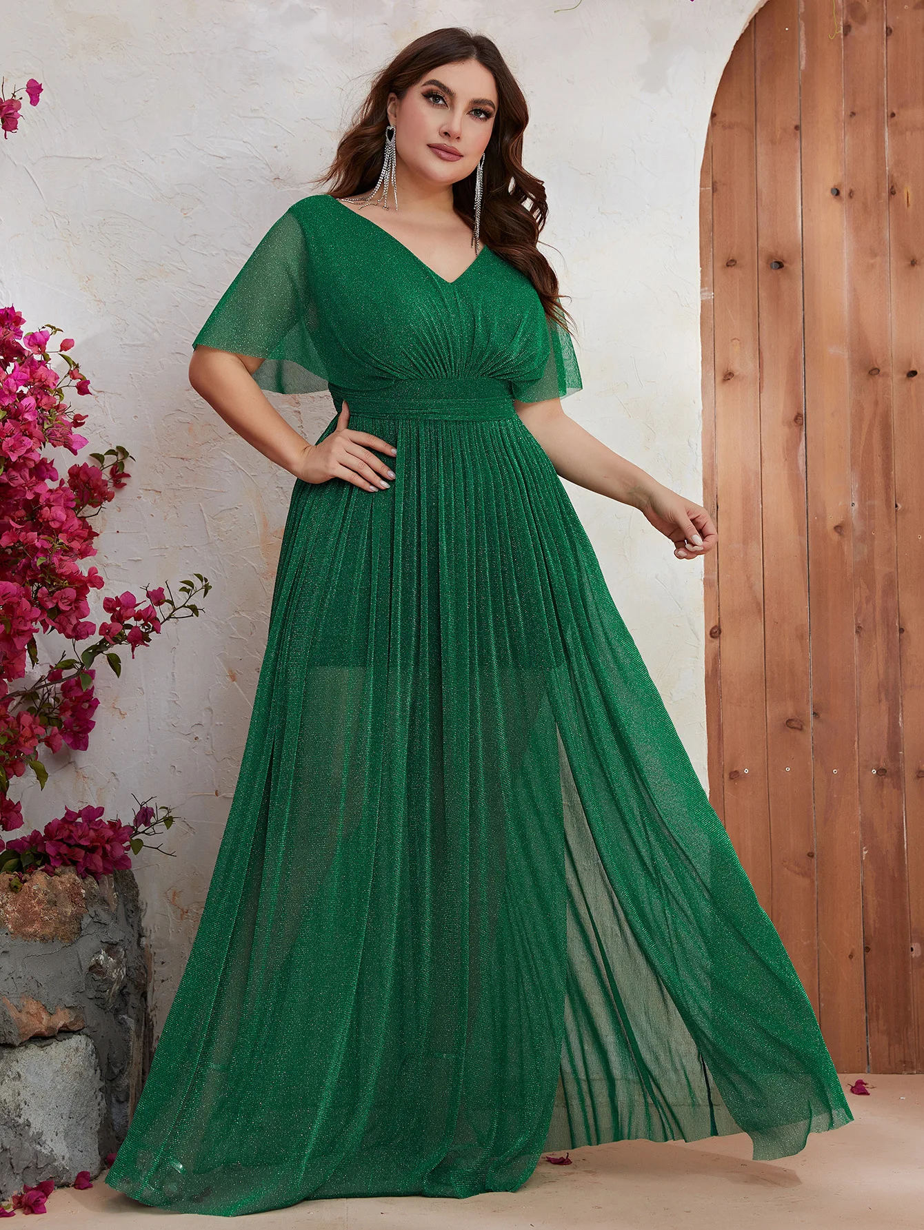 Plus Size Party Dresses Women Cross-border Large Size Evening Dress With Bat Sleeves Small V-neck Green Elegant Long Slit Dress