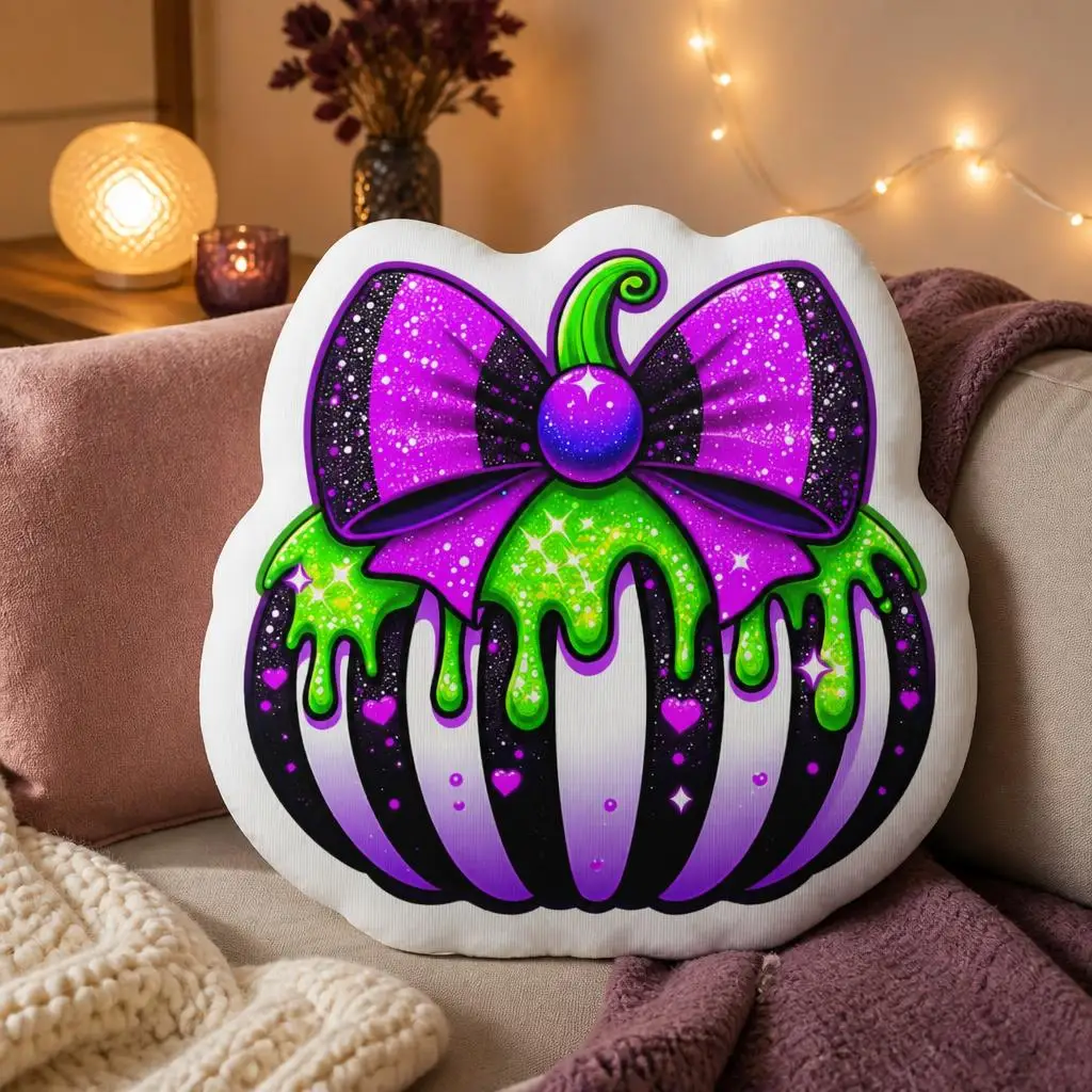 Purple Green Pumpkin Bow Halloween Shaped Pillow Stuffed Cushion Throw Pillow for Sofa Home Decor Spooky Party Decoration