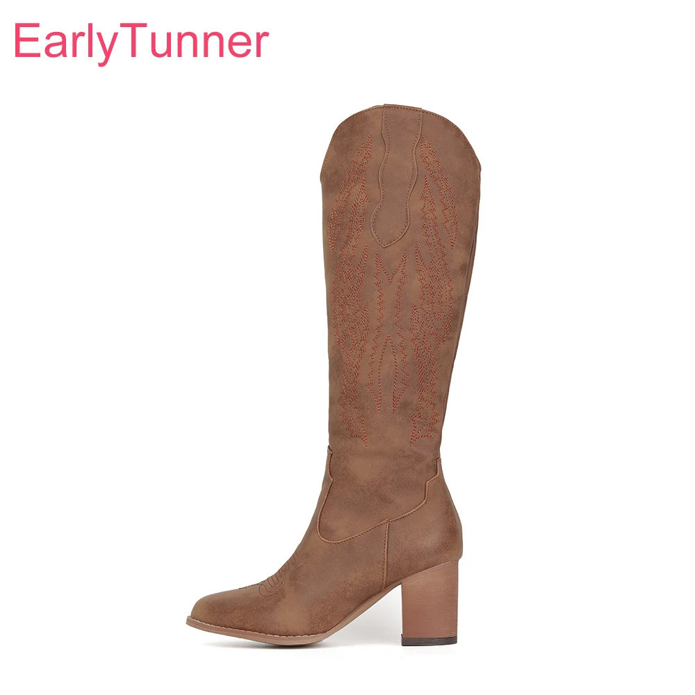 2026 Winter Mature Cowgirl Knee High Boots for Women 7cm High Chunky Heels Lady Party Shoes Large Small Size 11 33 43 45
