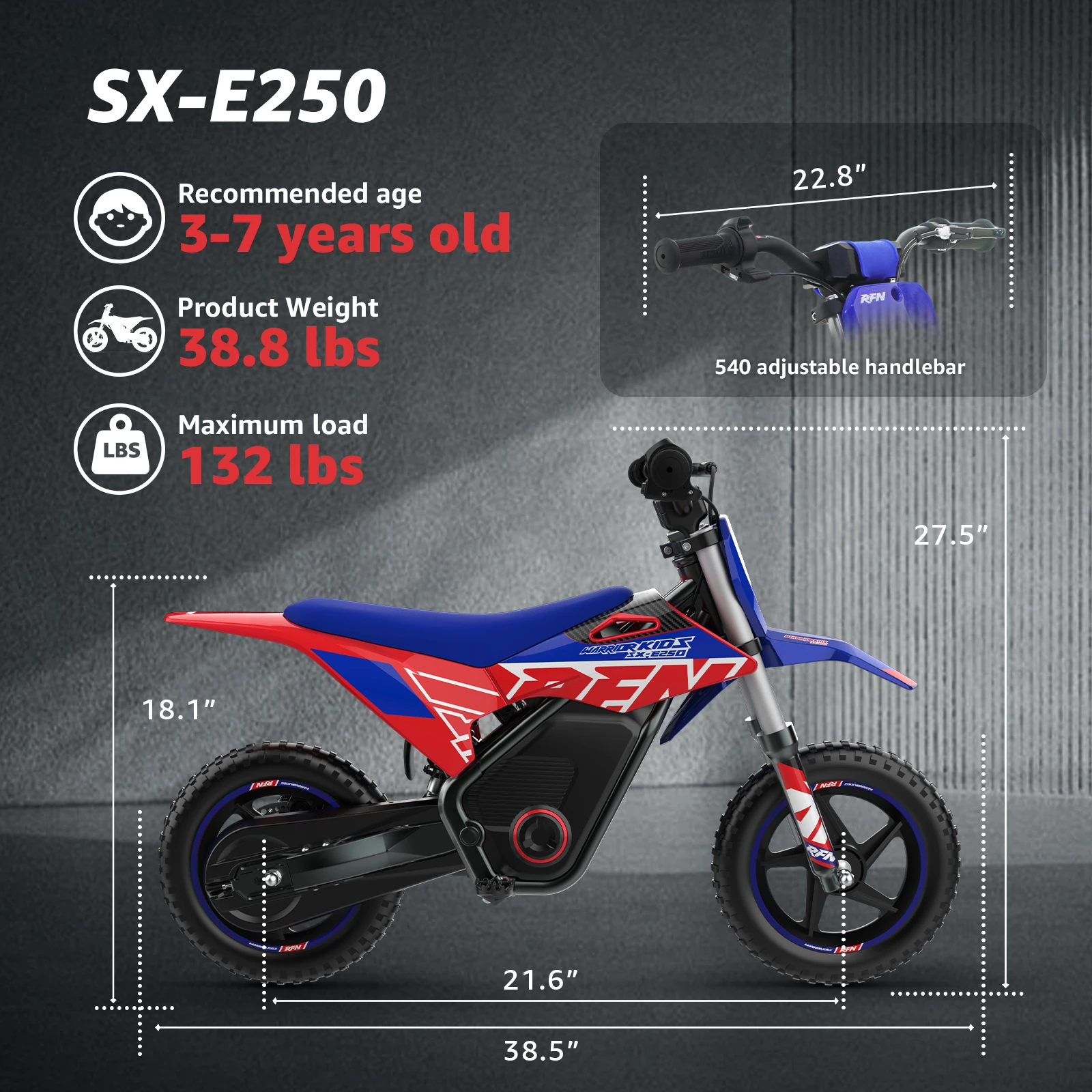 RFN E250 Kinder-Elektro-Dirtbike für Kinder, 36 V, 400 W |   3-Gang-Offroad-Motorrad mit großer Reichweite, 18 km, 11,2-Meilen-Fahrt für 3–6 Jahre