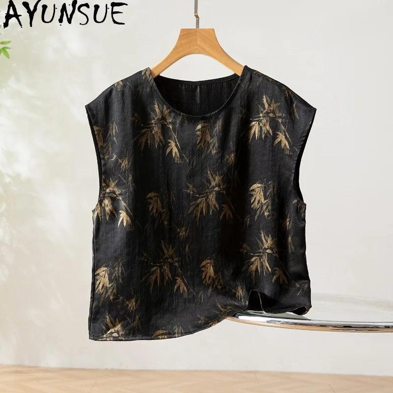 

AYUNSUE 100% Silk Woman Tops Chinese Style Short Tops for Woman Casual Loose T Shirts High Quality Woman Clothes Summer Одежда