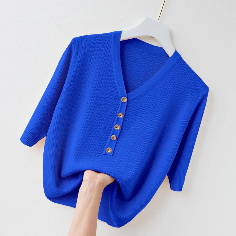 Women Clothing Fashion V-Neck Knitted Pullovers Spring Summer Exquisite Loose Knitwear Office Lady Casual Short Sleeve Top