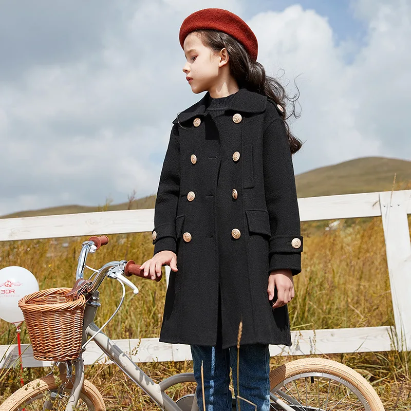 Elegant Girl Wool Long Coat Autumn Winter Kids Clothes Beige Red Black Color Retro Trench Coat 8 10 12 years