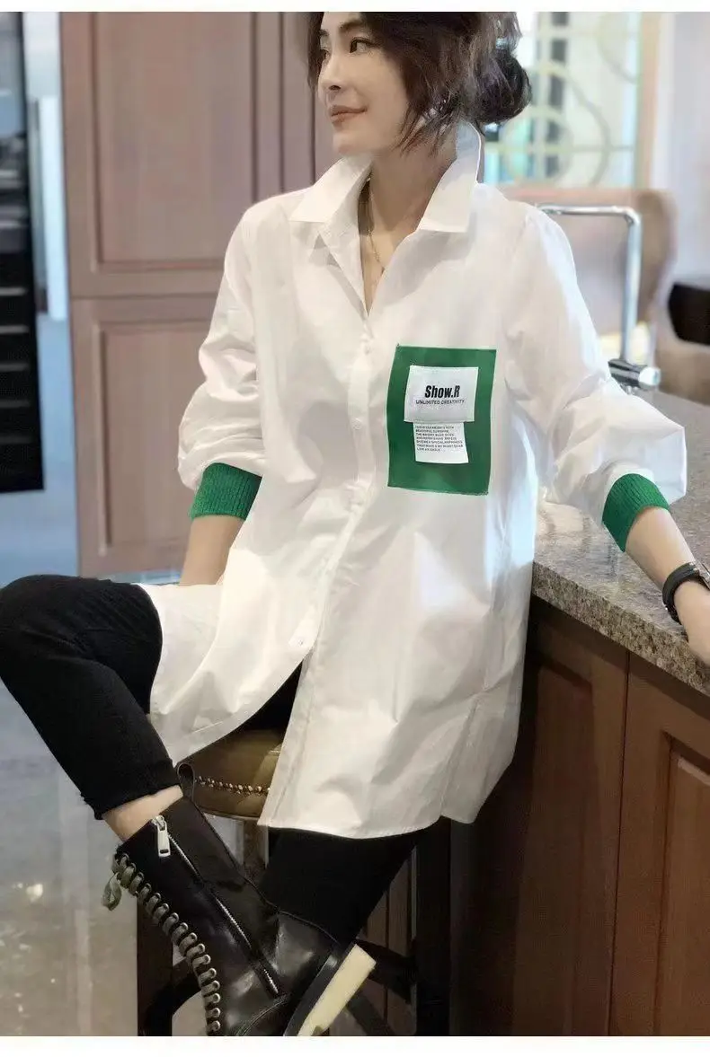 Oversized Lazy Style Loose Slim Solid White Black Med-Long Shirt French Gentle Top Fashion Casual Women\'s Spring Autumn Blouse