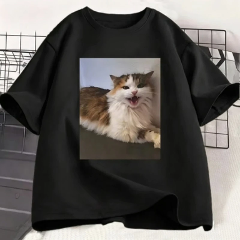 Unisex T‑shirt Funny Angry Cat Meme Graphic Tee Crew Neck Short Sleeve Humorous Pet Animal Print Casual Street Daily Top