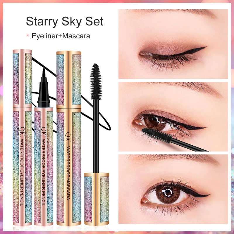 

Black Mascara Liquid Eyeliner Set,5D Waterproof Fiber Colored Mascara Volume and Length,Longlasting Smudgeproof Eye Liner Pen
