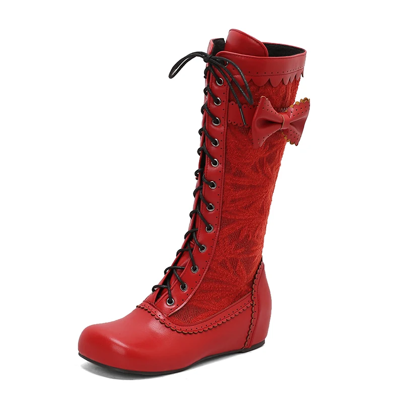 

Lolita Shoes for Women Victorian Boots Height Increasing Lace Up Cute Bow Knot Cosplay Costumes Mid-Calf Goth Boots