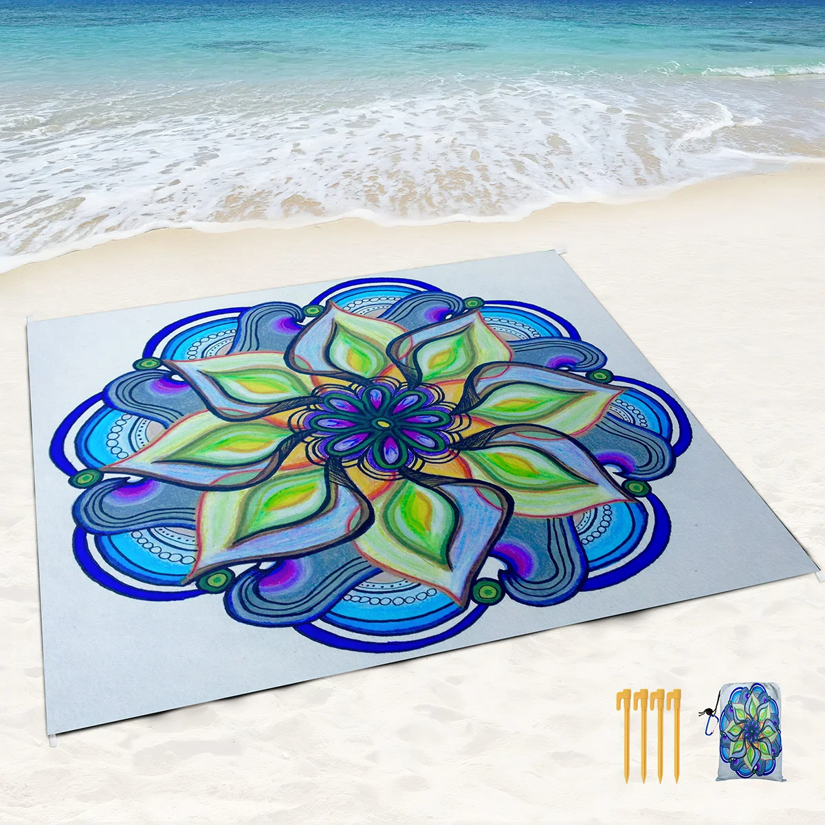 Sand Proof Beach Blanket Water Proof Mat with Corner Pockets and Mesh Bag for Beach,Travel,Camping,Beautiful Quiet Blue Mandala image 6