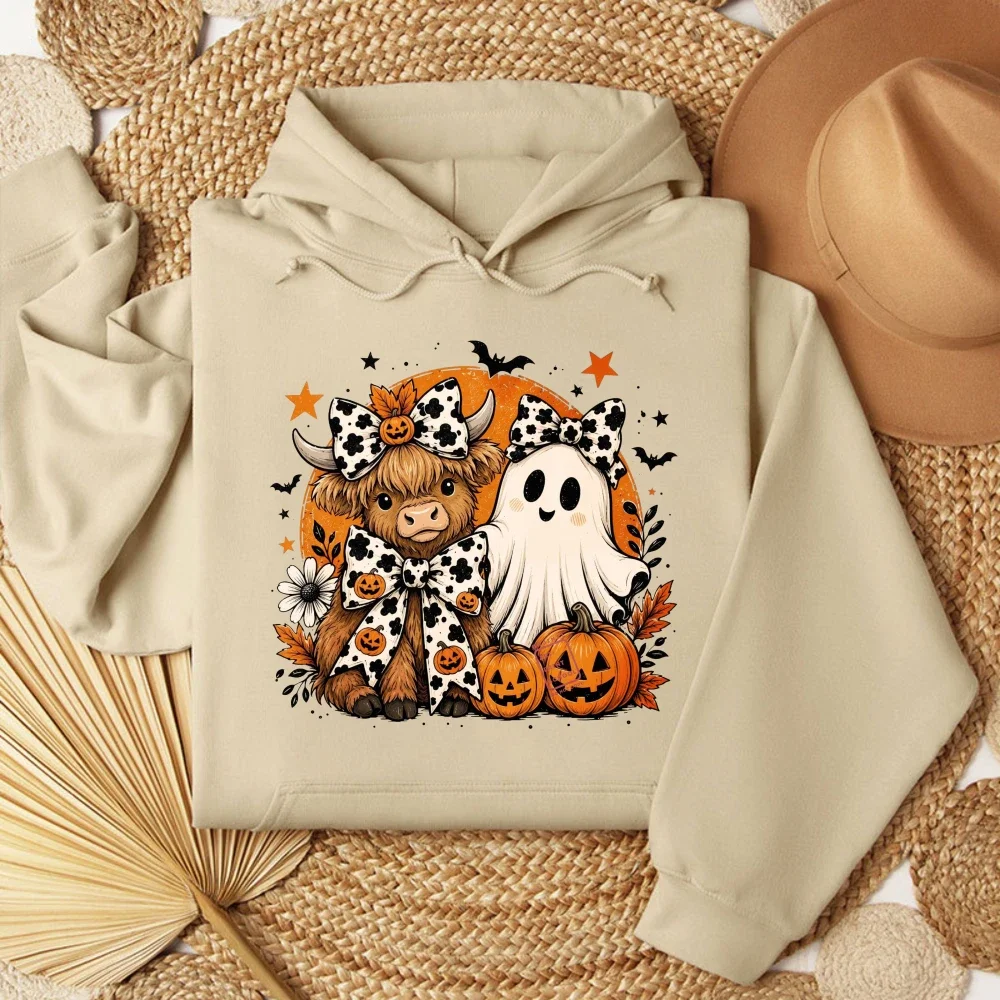 Highland Cow Ghost Sweatshirt Cute Halloween Cow  Design Pullovers Cow Print Bow and Pumpkin Graphic Hoodies Retro Spooky Hoodie