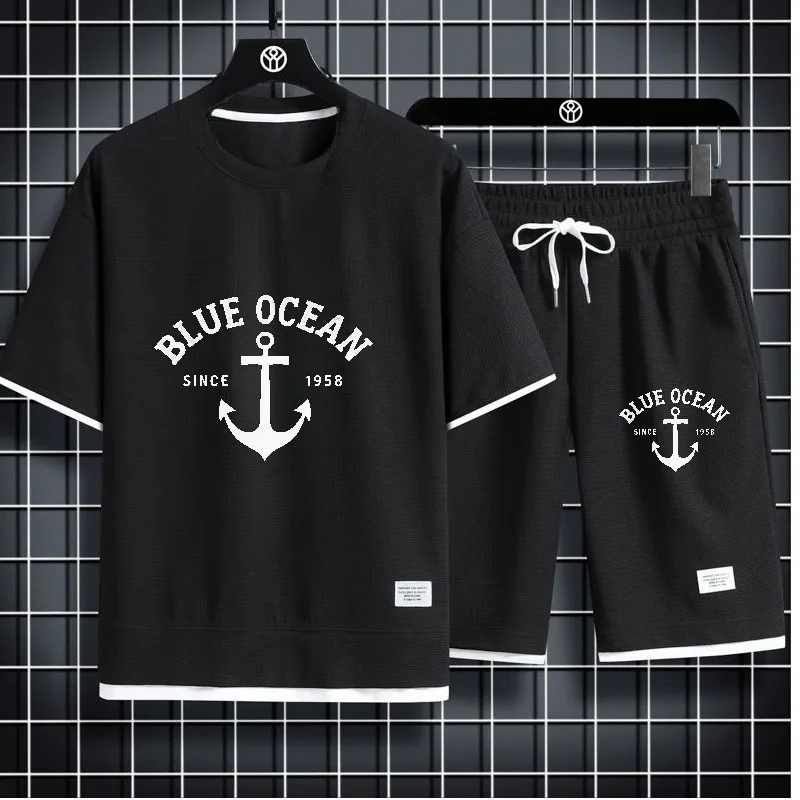 

2025 мужские летние пляжные рыболовные крючки с принтом вафельные спортивные футболки + шорты, тонкий комплект для отдыха, удобный наряд, идеальные спортивные костюмы