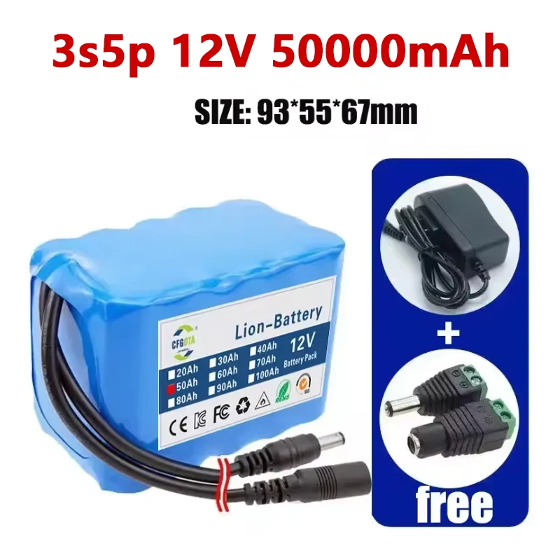 Angelbatterie 12V 3S5P 50Ah Tragbarer 12V-Akku Wiederaufladbarer Lithium-Ionen-Akku DC 12,6V Cam Monitor+Ladegerät