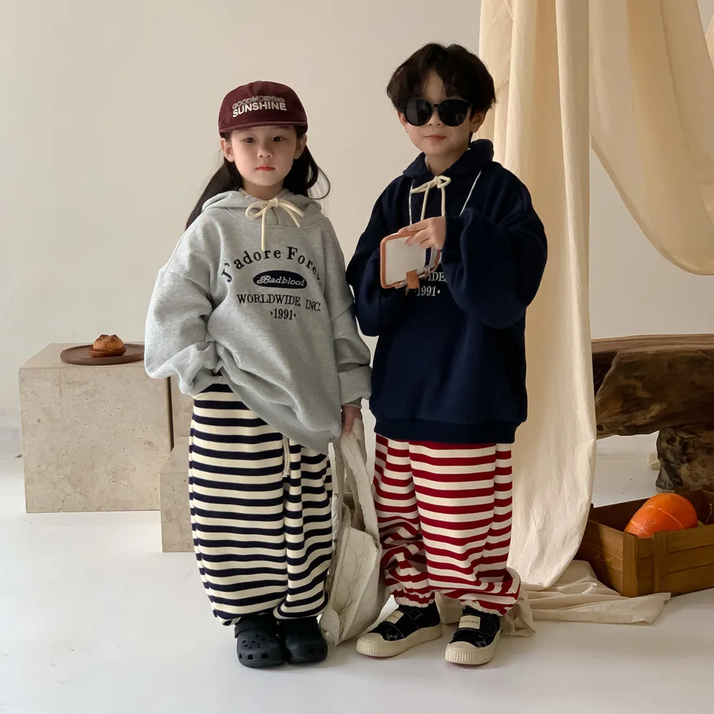 

Winter 2024 Young Children Boy Sweatpants Cotton Thicken Drawstring Kid Boy Trousers Loose Casual Striped Kids Boys Jogger Pants