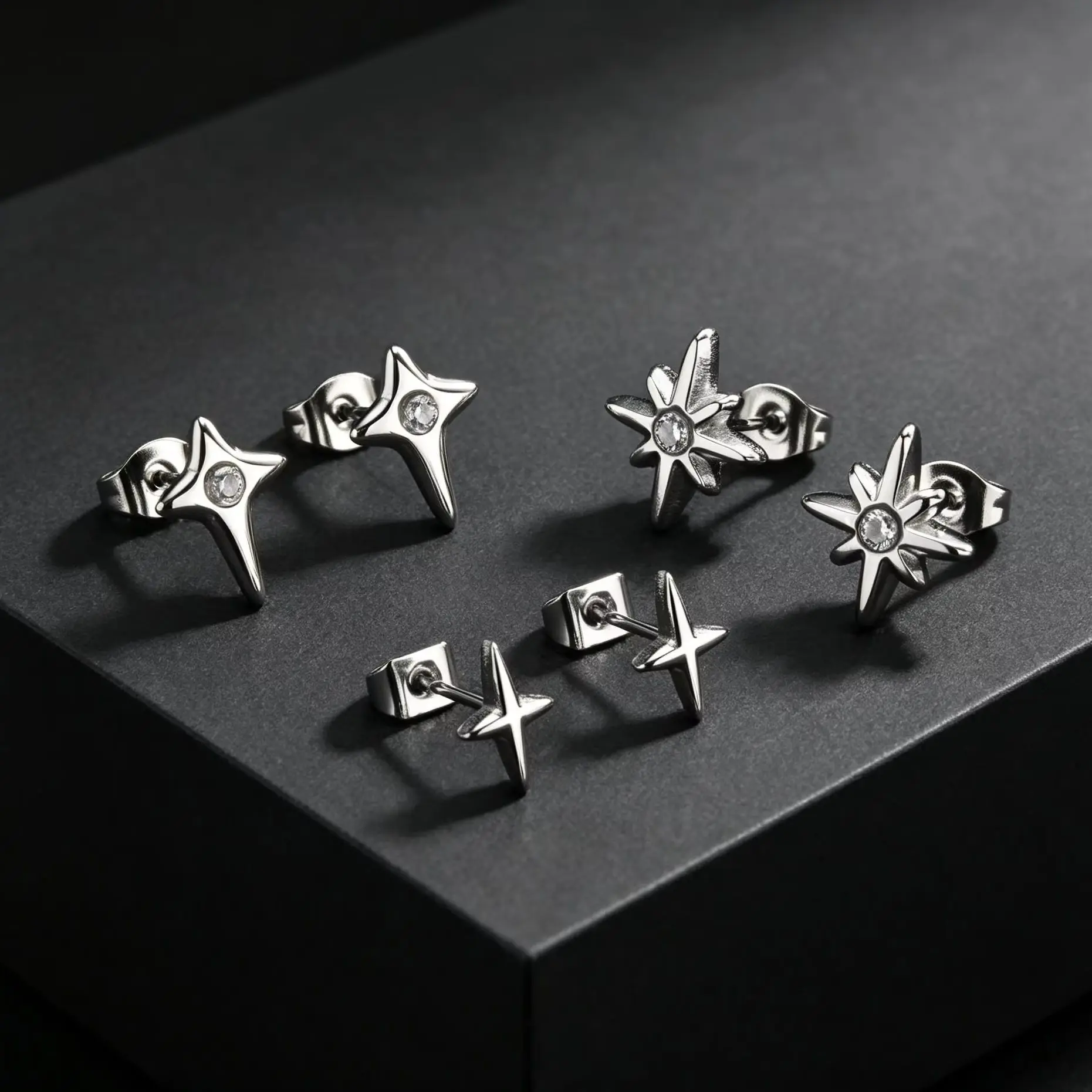 Stylish Eight-pointed Star Stud Earrings for Men, Stainless Steel White CZ Zircon Small Earrings, Punk Hip Hop Style Jewelry