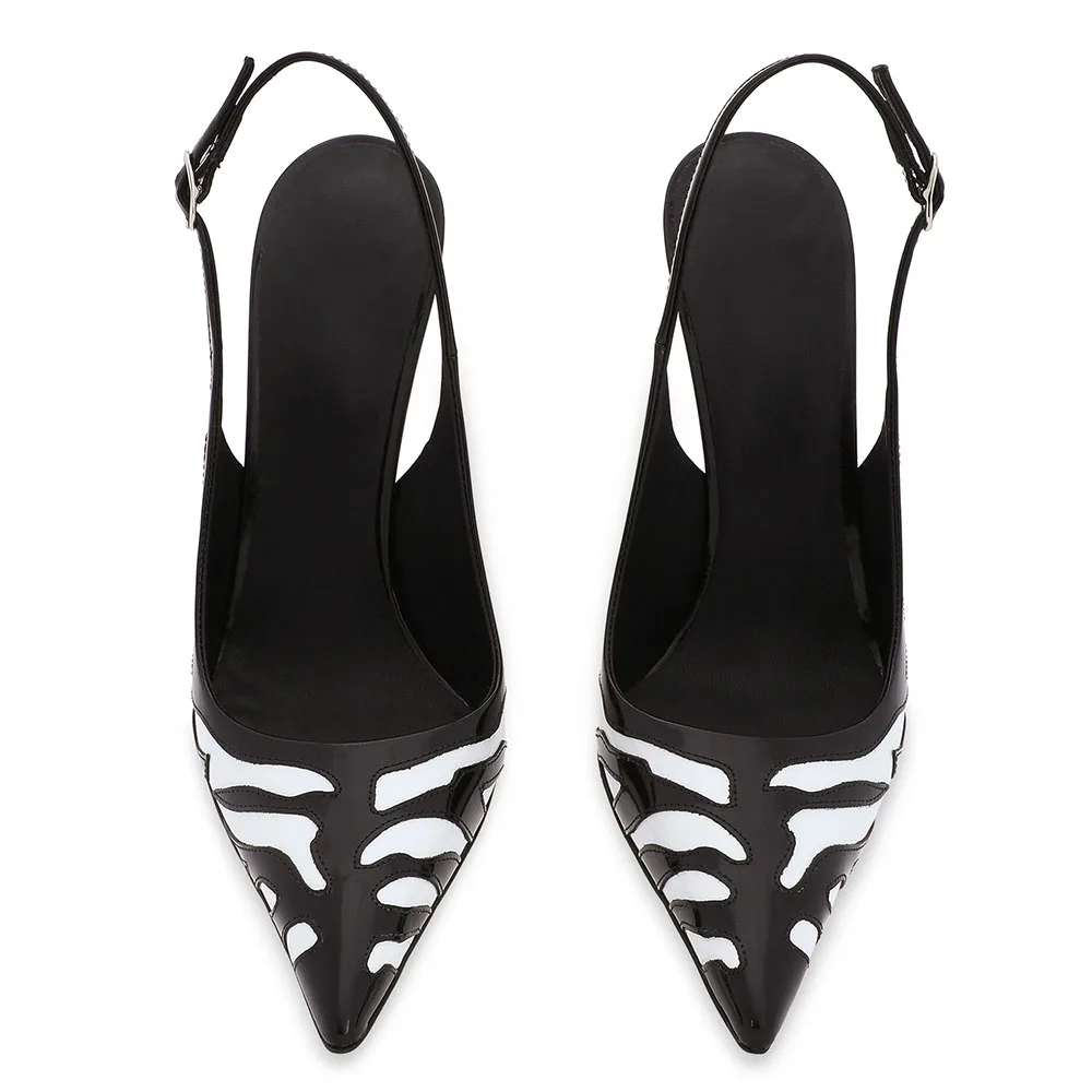 Slingbacks Zebra Pattern Pumps Women Black White Splicing Summer Sandals 2025 Pointed Toe Stiletto Heel Plus Size Ladies Shoes image 4