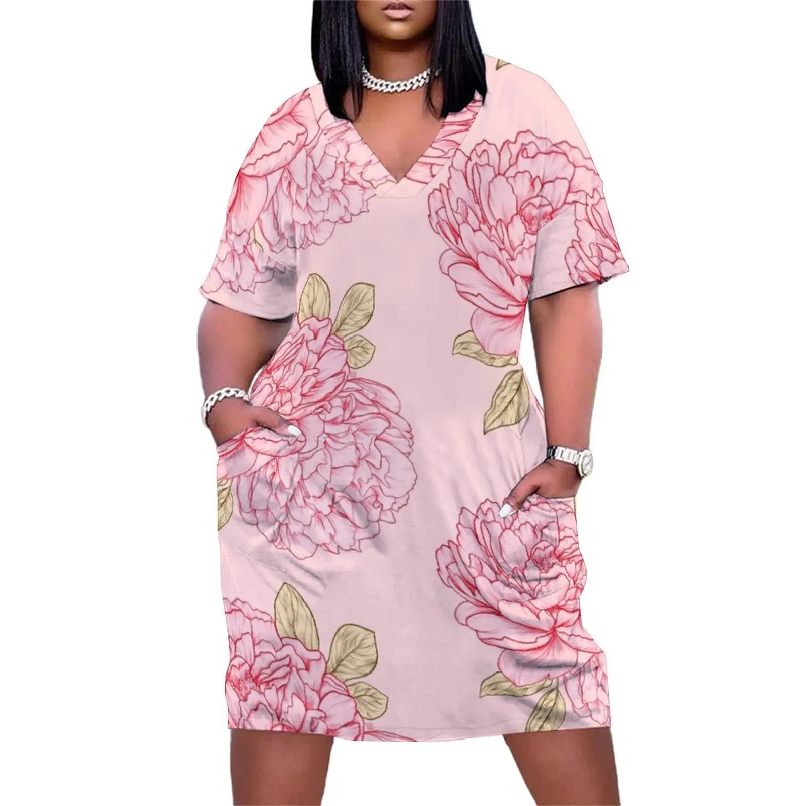 

Pink Peonies Loose Pocket Dress Female clothing elegant women's dresses for wedding
