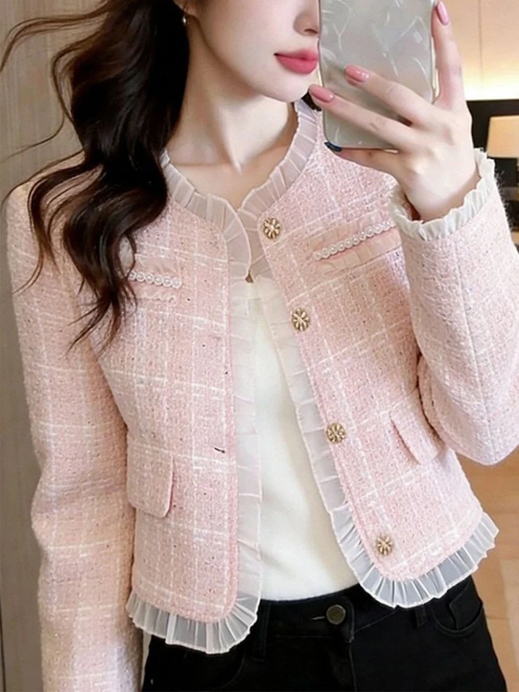 Sweet Pink Tweed Jacket Women Slim Long Sleeve Elegant Mesh Patchwork Short Coat Fashion O Neck Single Breasted Outwear Tops New