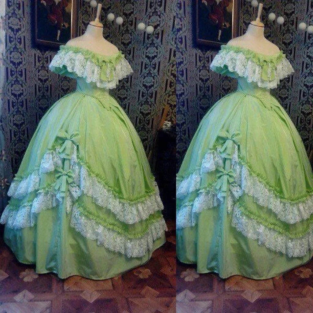 Historical Victorian Prom Dress Light Green Ball Gown Civil War Medieval Princess Formal Dress Off The Shoulder Floor Length