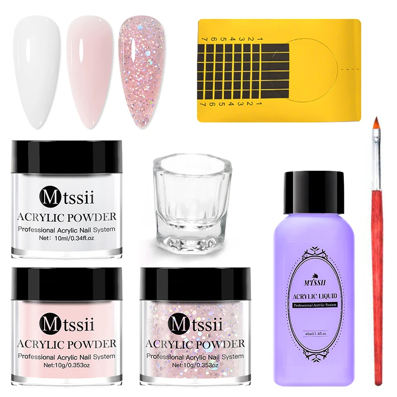 Kit de unhas acrílicas, pó de cristal, líquido acrílico com conjunto de escova, acrílico rosa e branco para extensão de unhas, escultura profissional