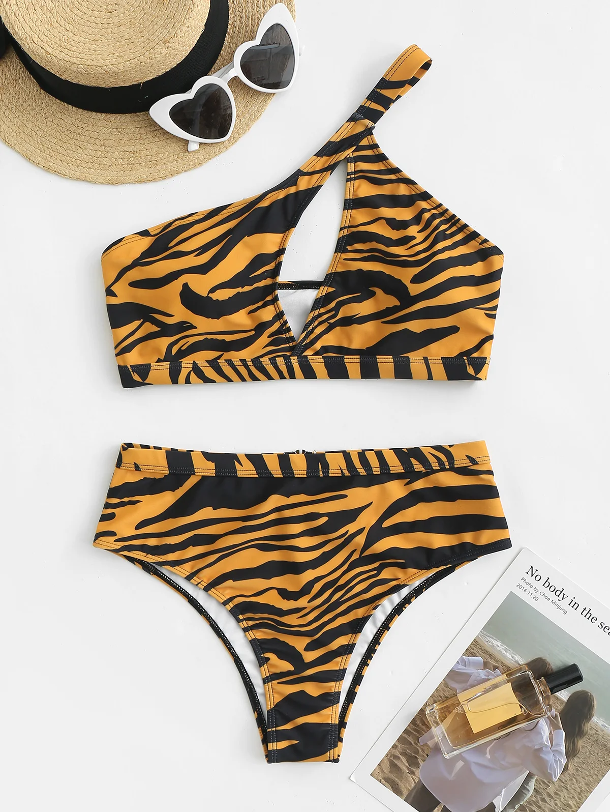 ZAFUL Tiger Bikini a rayas, traje de baño con un hombro recortado