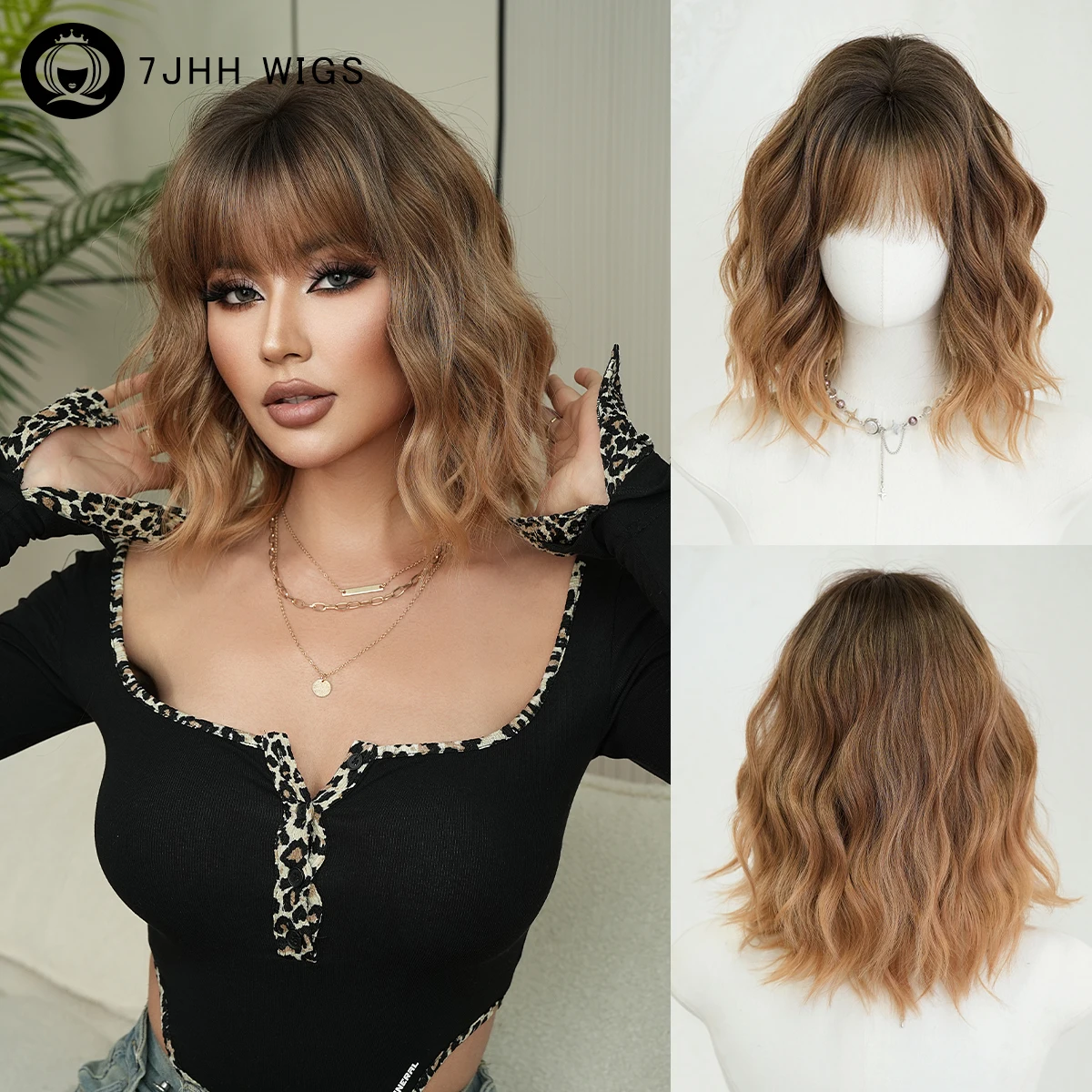 7JHH WIGS Kurze, goldbraune Perücke mit gewelltem Haar für Damen, hochdichte, hitzebeständige, modische Bob-Perücken mit dunklem Ansatz